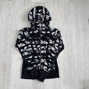 Lululemon Scuba Hoodie Full Zip Black White & Pink Brush Stroke Pattern Size 4